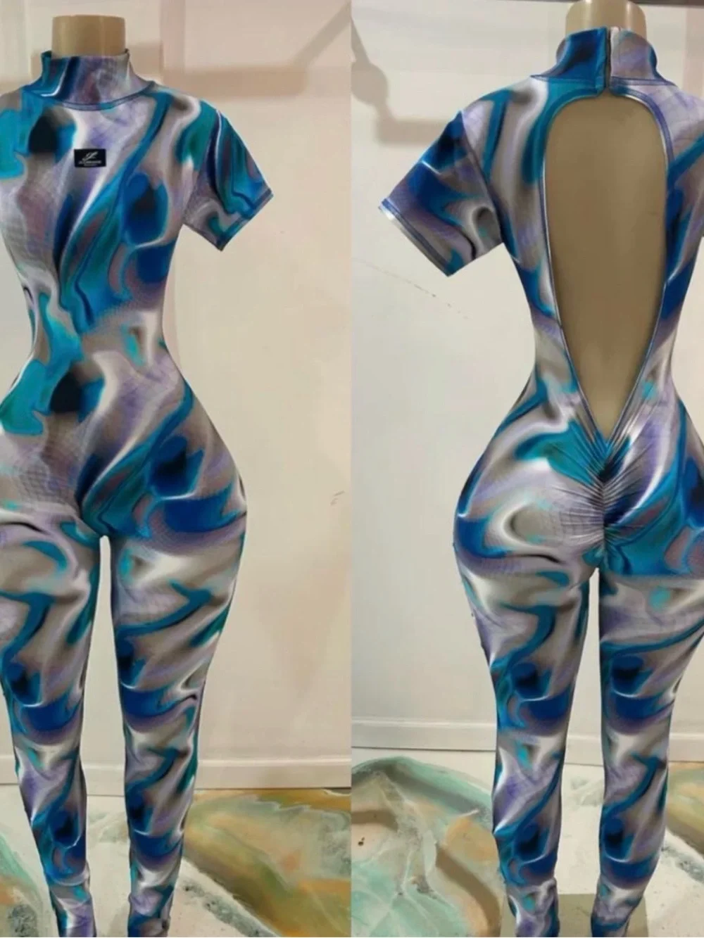 Jlorraine Blue Marble Print Short-Sleeve Jumpsuit